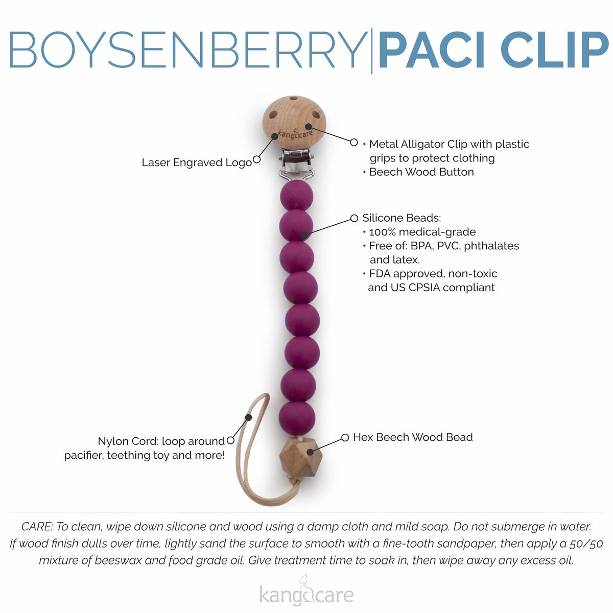 Kanga Care Silicone & Wood Paci Clip - Boysenberry