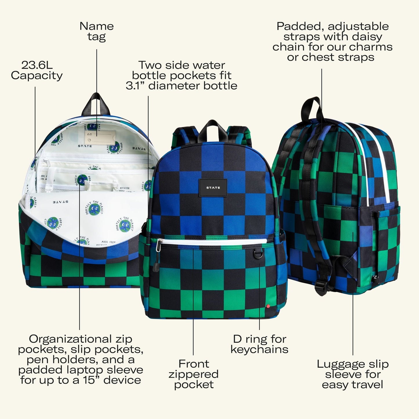 Kane Double Pocket Backpack in Blue Chevron, water bottle pocket