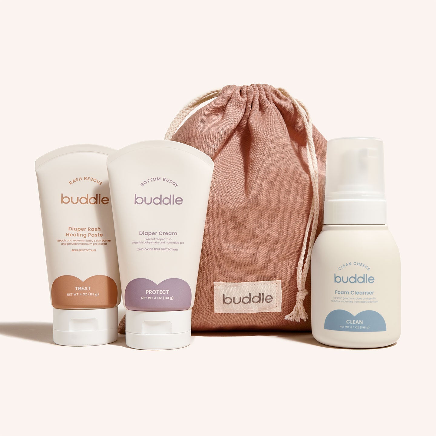 Buddle diaper skincare system with diaper rash healing paste, diaper cream, foam cleanser, and pink drawstring pouch for baby skin care and rash prevention