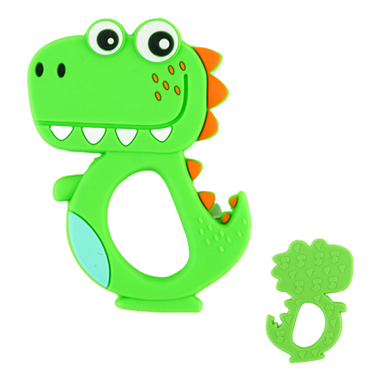 Bright green and orange Dino Silicone Teething Toy made of hypoallergenic silicone with textured surface and easy-grip handle for babies.