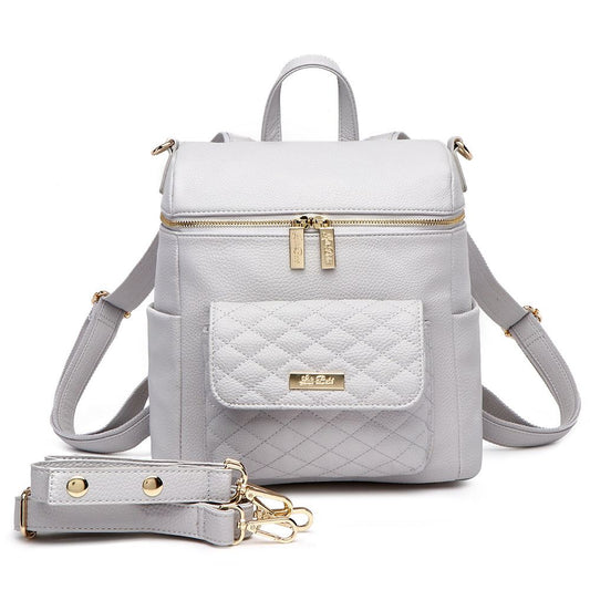 Stone grey Petit Monaco Diaper Bag made of vegan leather with satin interior, featuring insulated bottle compartment and convertible strap options.