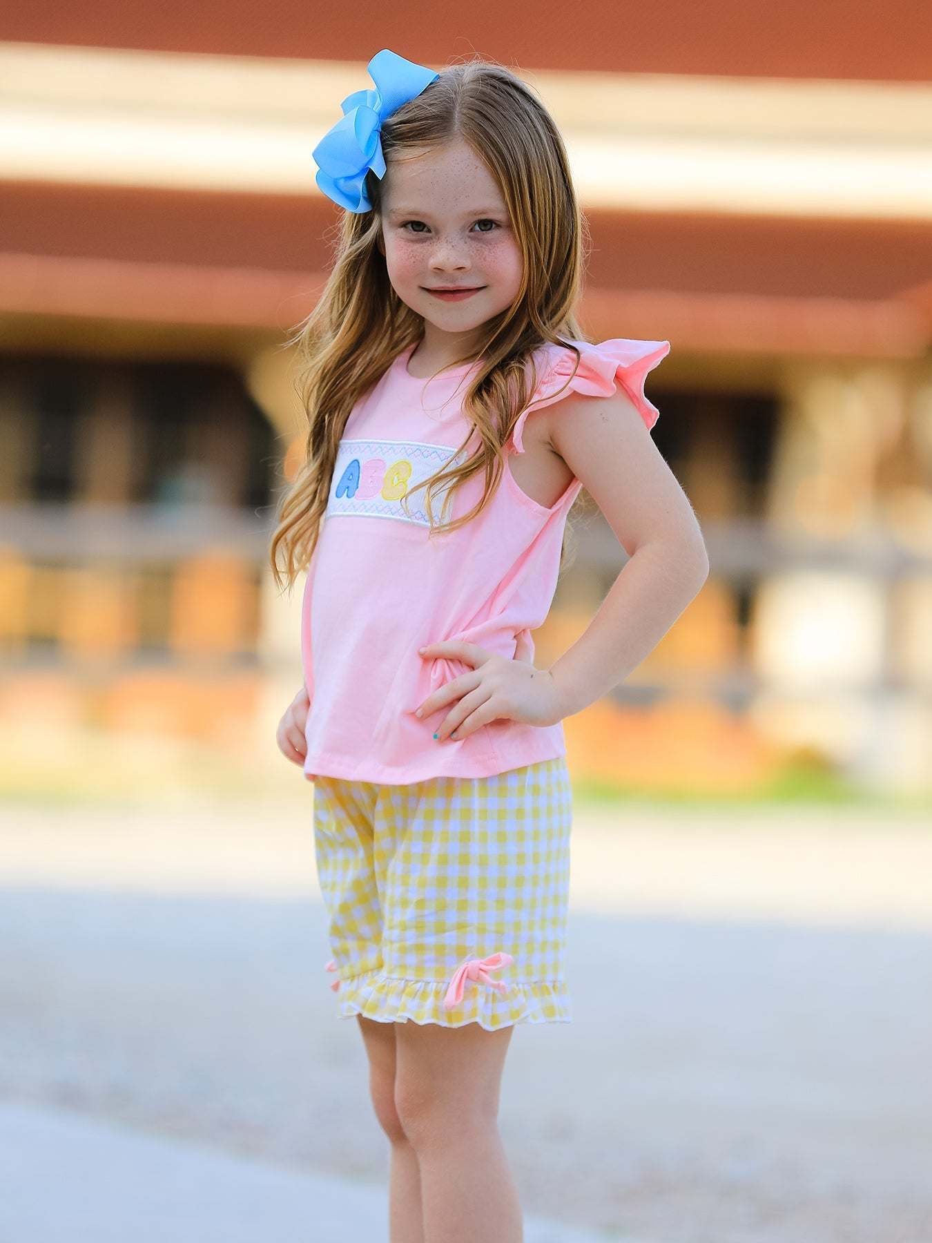 Back To School Girls ABC Embroidered Ruffle Set outfit, back view