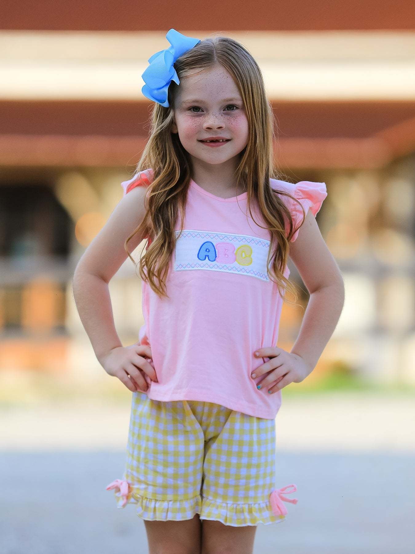 Back To School Girls ABC Embroidered Ruffle Set outfit, side view
