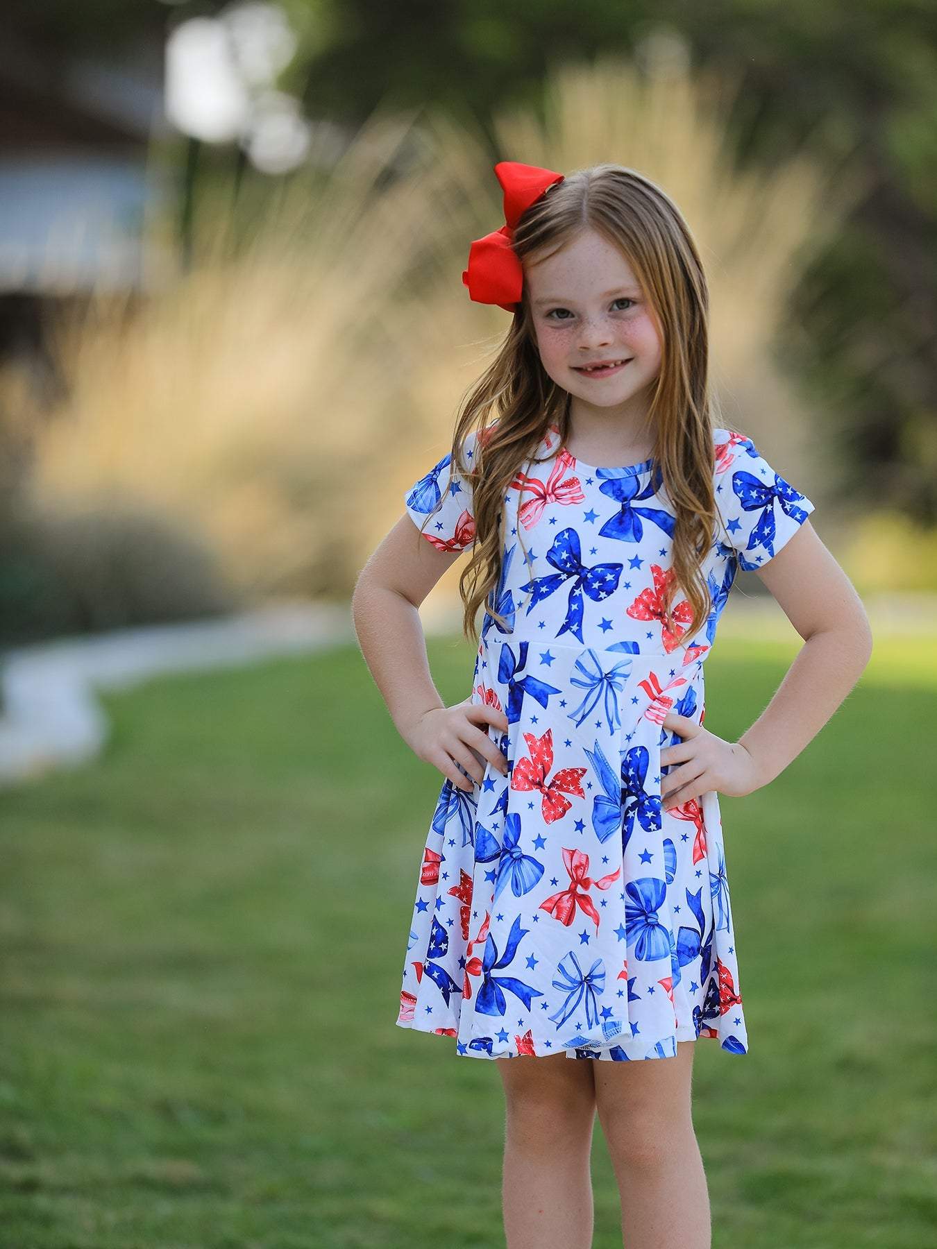 4th Of July Bow Star Girls Dress, front view