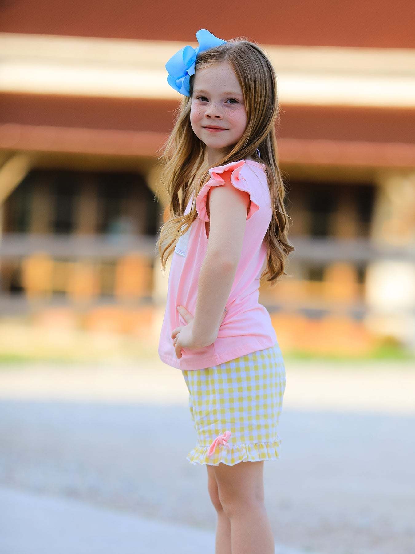 Back To School Girls ABC Embroidered Ruffle Set outfit, fabric and material close-up