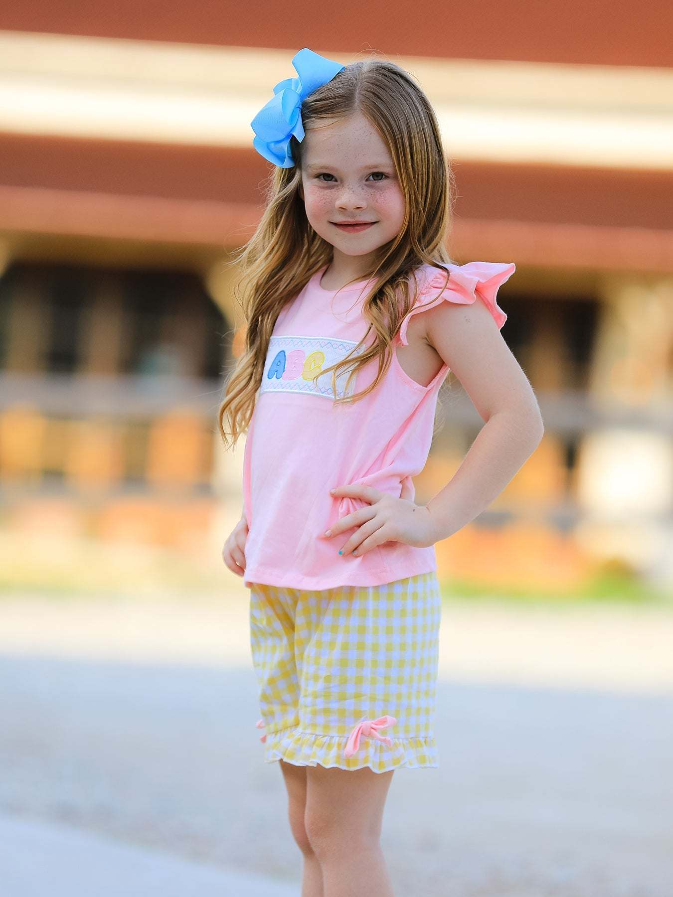 Back To School Girls ABC Embroidered Ruffle Set outfit, styling detail