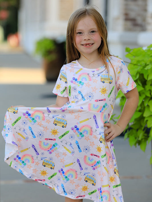 Front view of colorful back-to-school girls dress