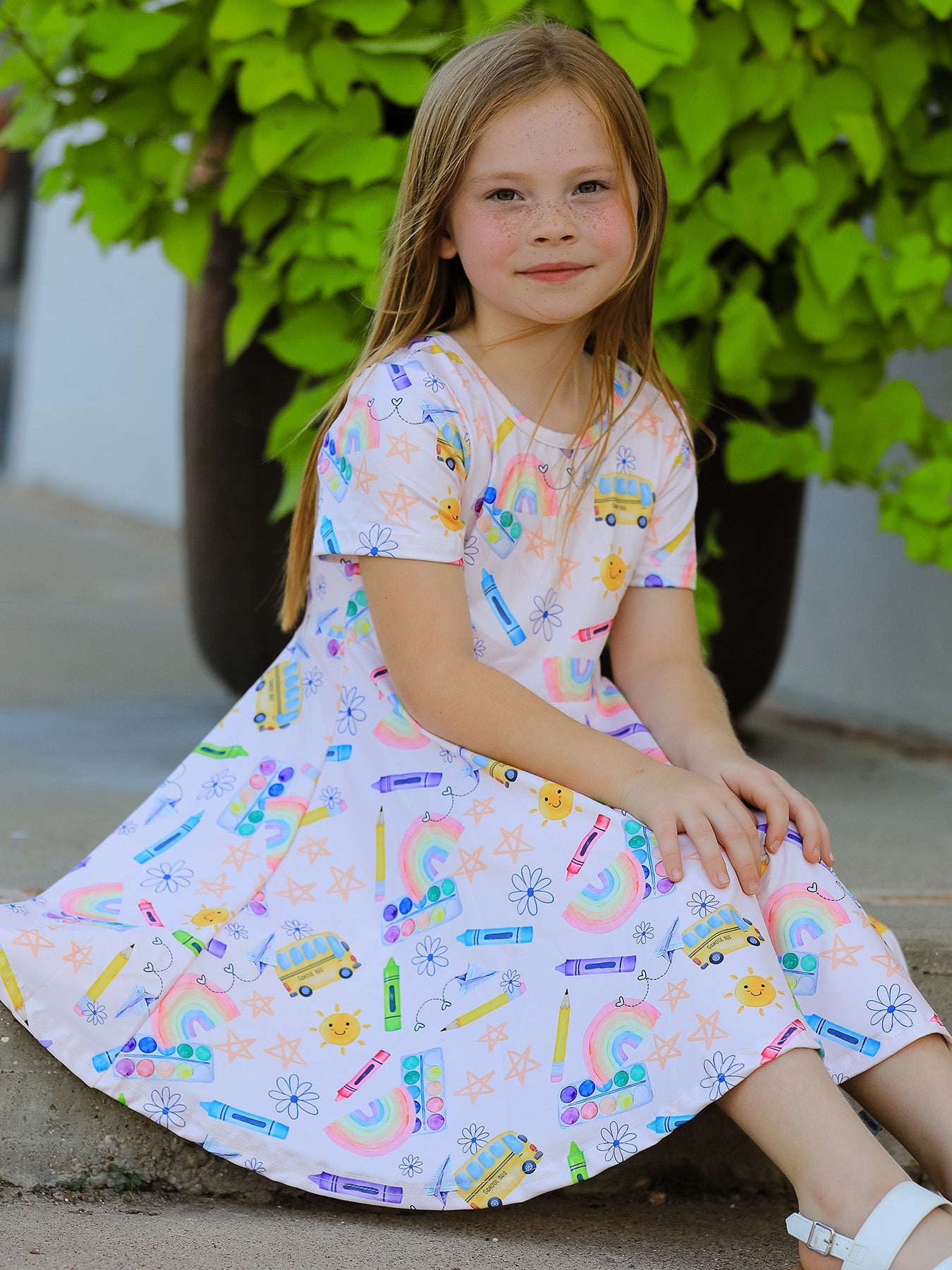 Vibrant multicolor print detail on back-to-school girls dress