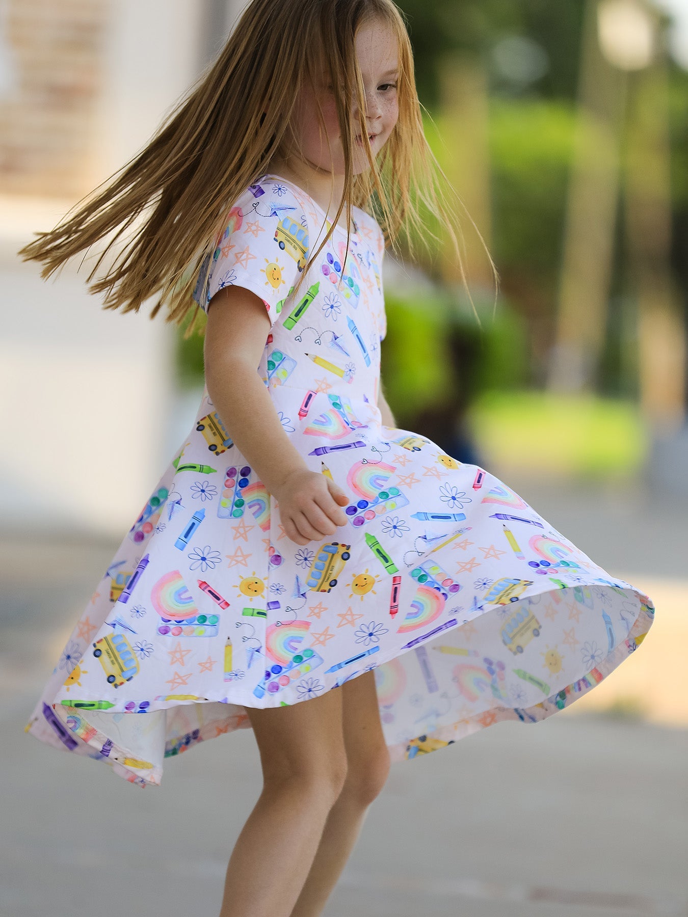 Rylee Faith colorful back-to-school dress full length