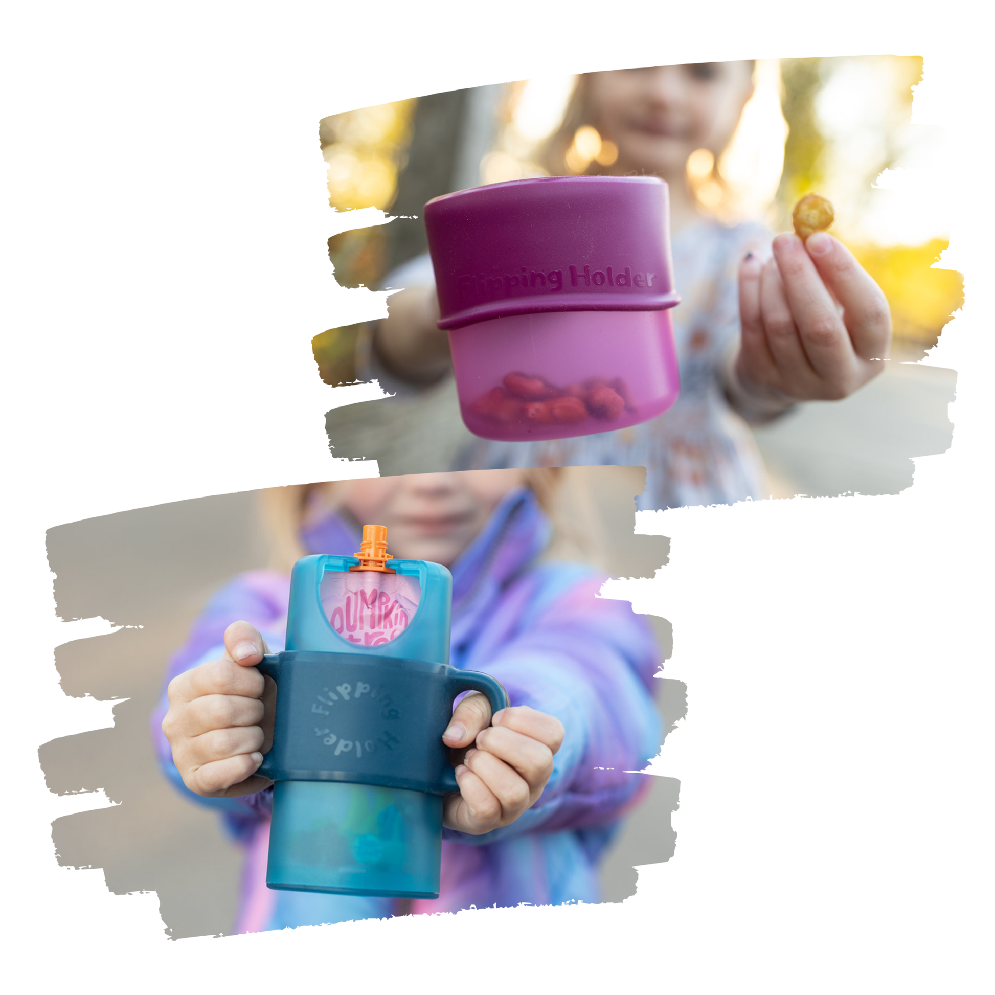KiddyTrek 4-in-1 Sip & Snack Set - Food Pouch & Juice Box Holder, Snack Cup, Sip nursing & feeding print and pattern detail