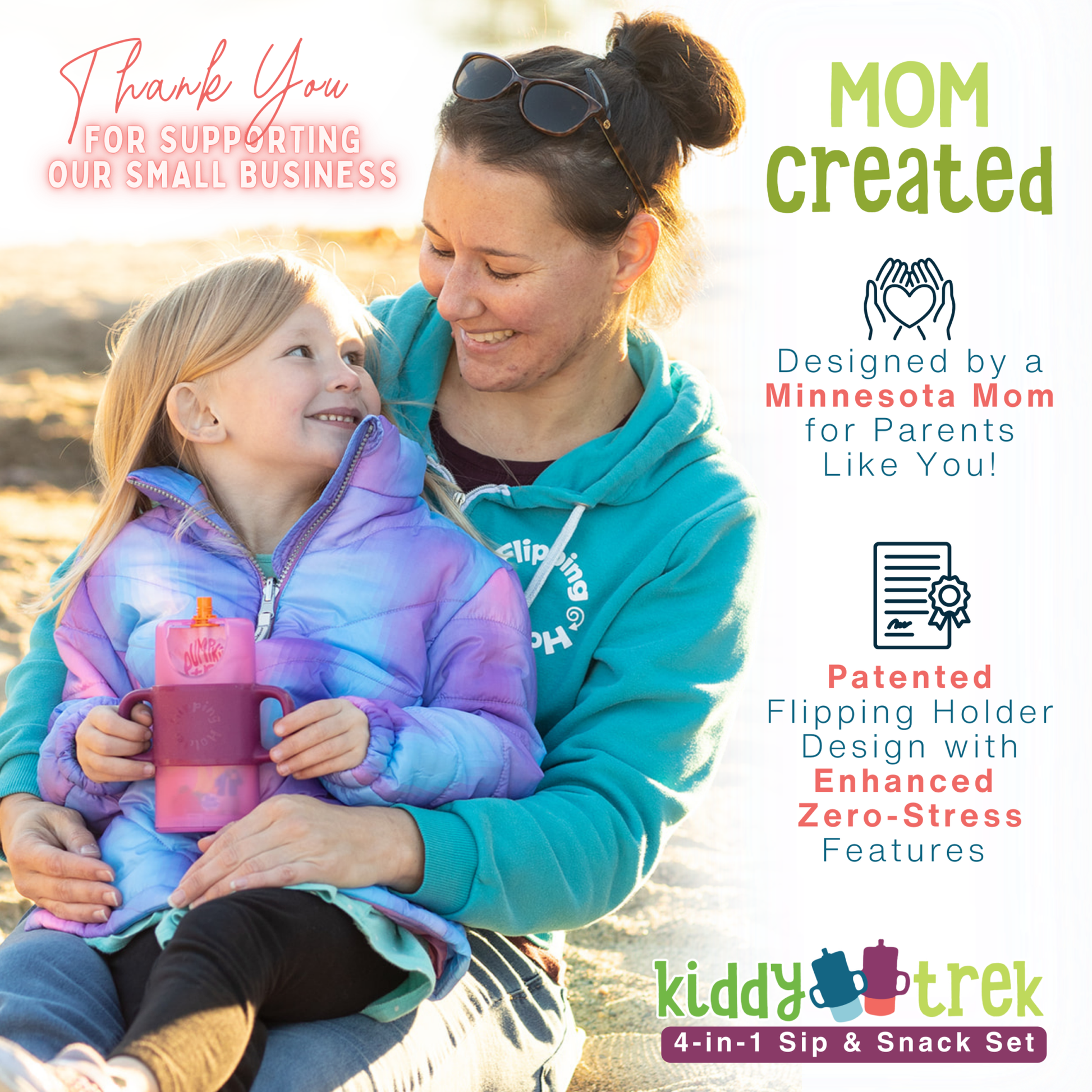 KiddyTrek 4-in-1 Sip & Snack Set - Food Pouch & Juice Box Holder, Snack Cup, Sip Cup ALL nursing & feeding full length view