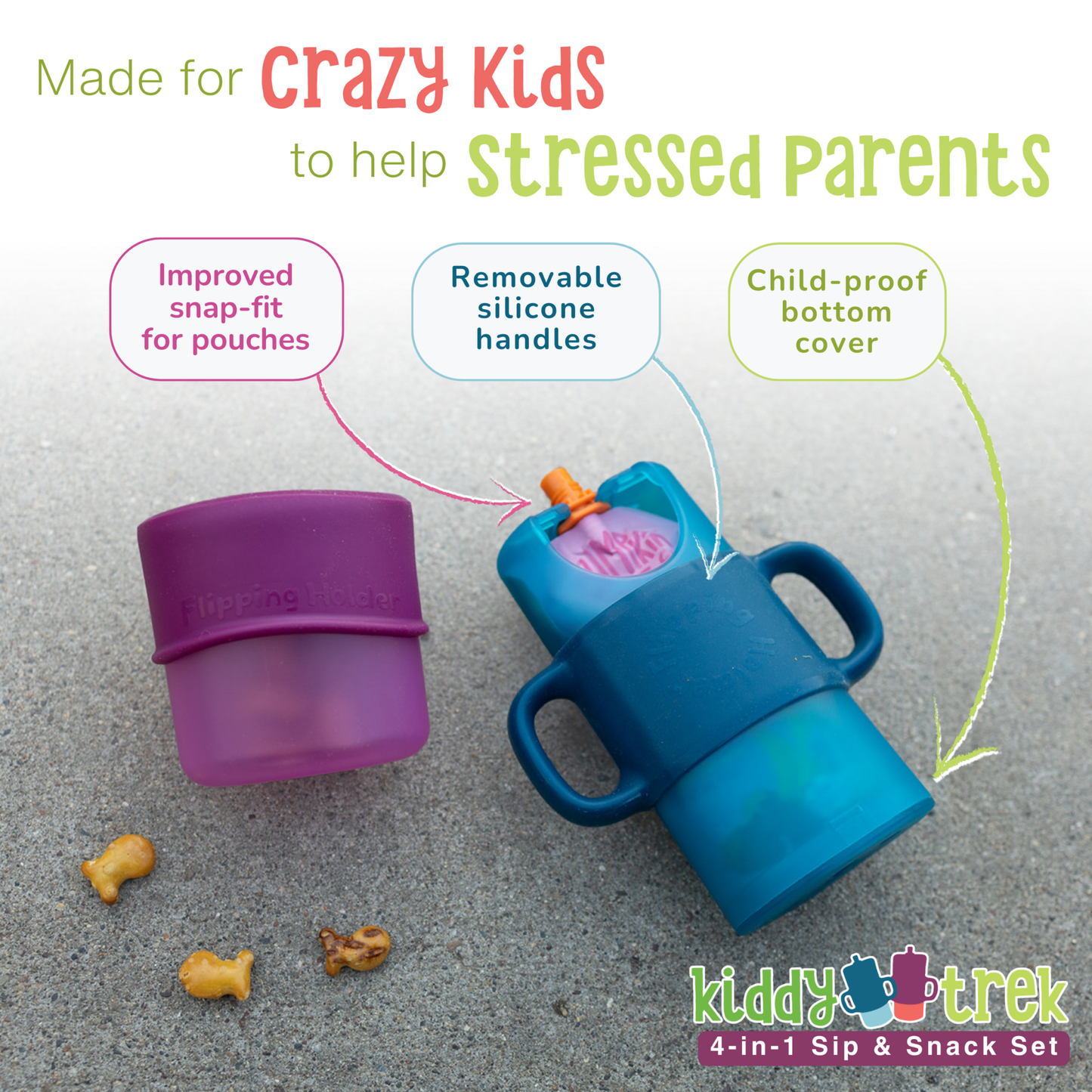 KiddyTrek 4-in-1 Sip & Snack Set - Food Pouch & Juice Box Holder, Snack Cup, Sip Cup ALL nursing & feeding close-up detail