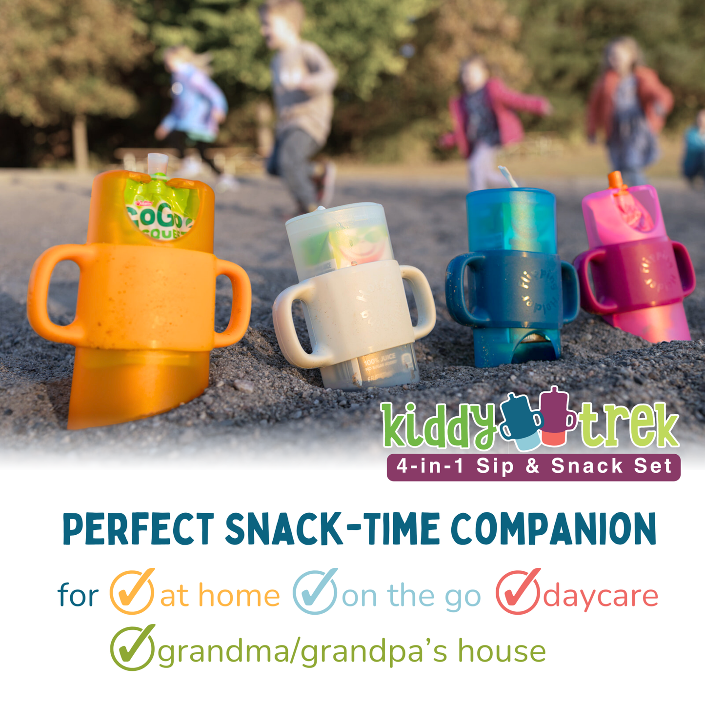 KiddyTrek 4-in-1 Sip & Snack Set - Food Pouch & Juice Box Holder, Snack Cup, Sip Cup ALL IN nursing & feeding styling detail