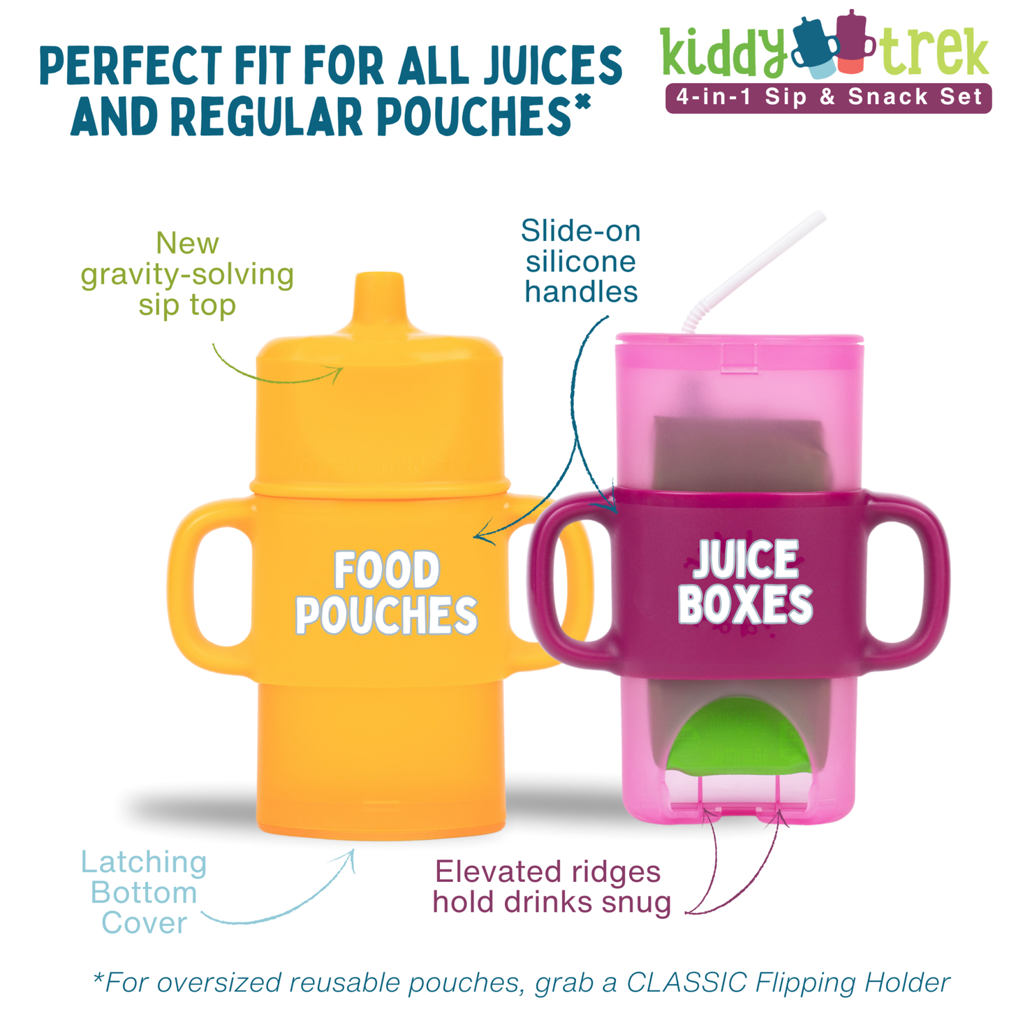 KiddyTrek 4-in-1 Sip & Snack Set - Food Pouch & Juice Box Holder, Snack Cup, Sip Cup ALL nursing & feeding full length view
