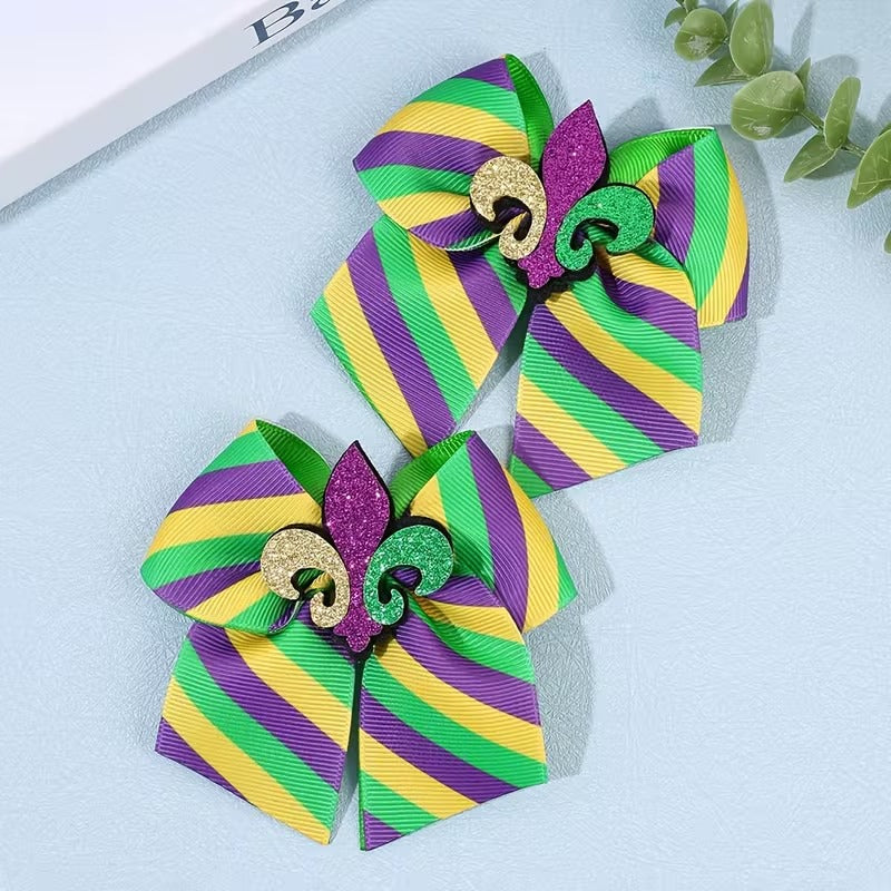 2pc Mardi Gras Fleur De Lis Hair Bow Clips – Classic Stripe