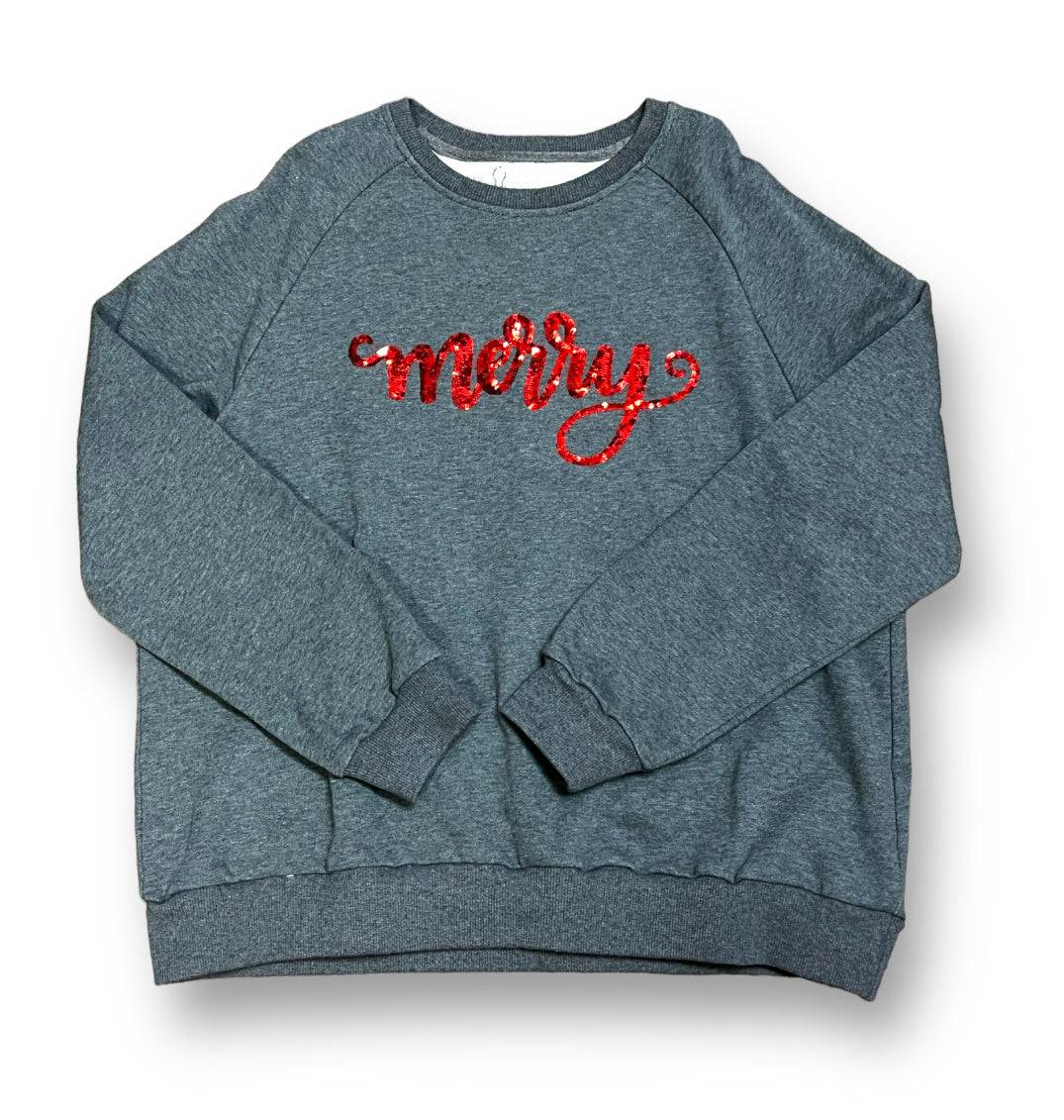 Gray adult sweatshirt with red sequin "merry" text, festive holiday design