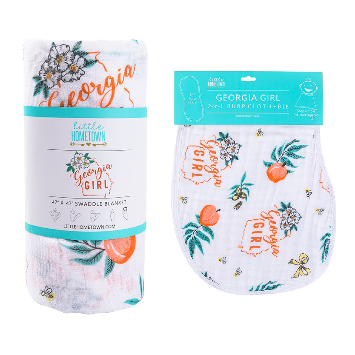 Gift Set: Georgia Girl Muslin Swaddle Blanket and Burp Cloth/Bib Combo detail view