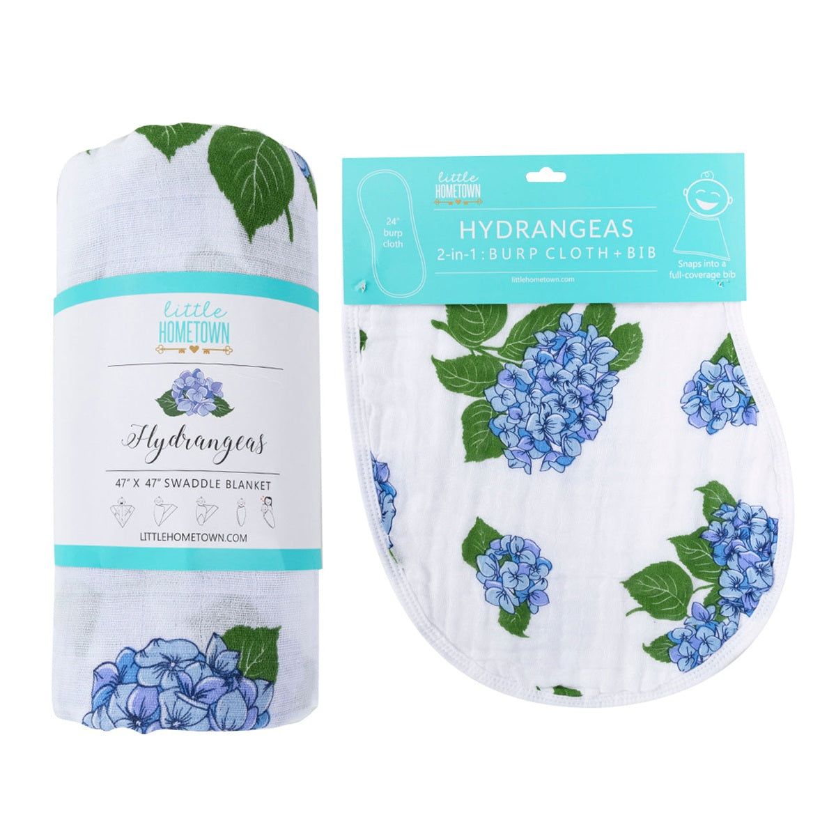 Gift Set: Hydrangeas Baby Muslin Swaddle Blanket and Burp Cloth/Bib Combo additional product view
