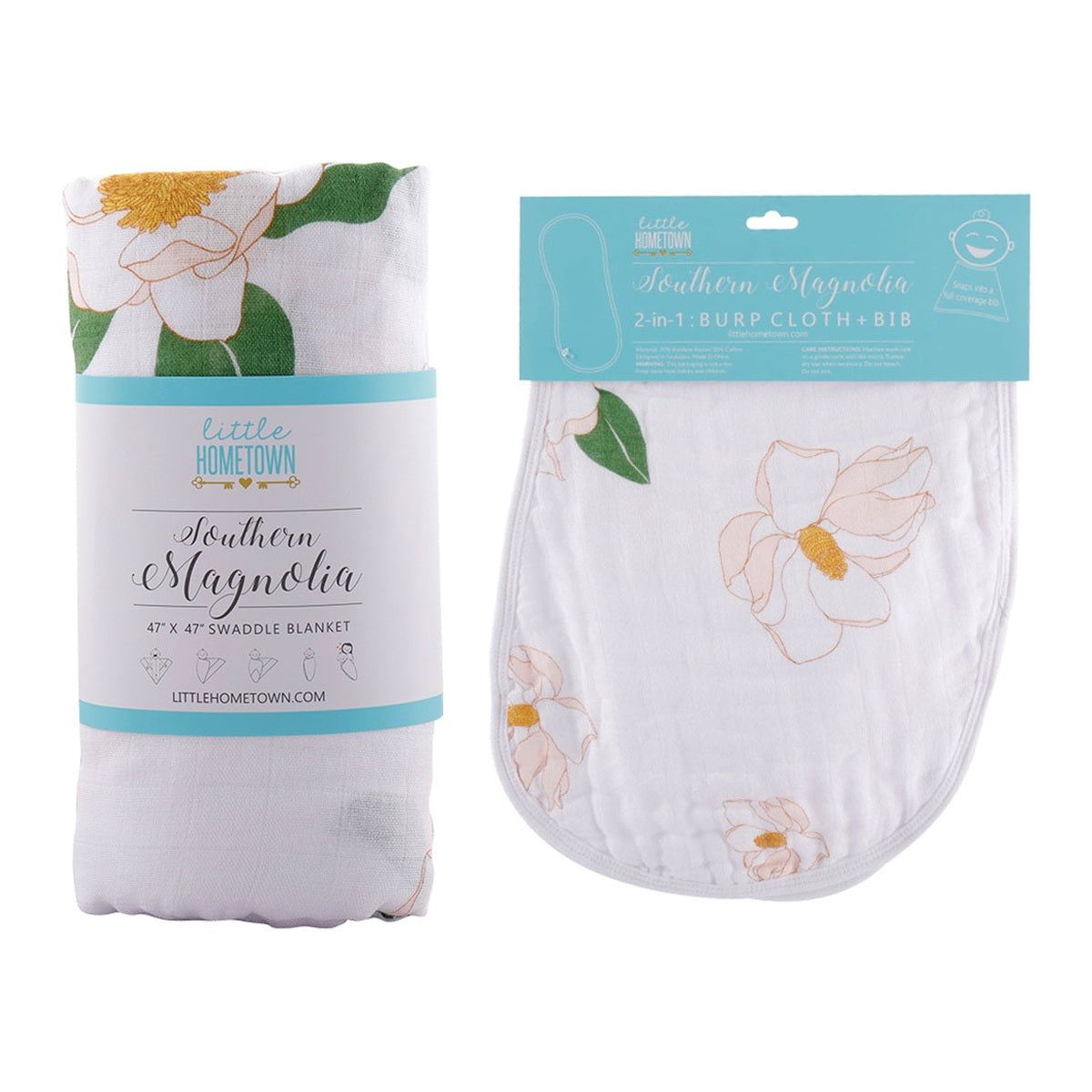 Gift Set: Southern Magnolia Baby Muslin Swaddle Blanket and Burp Cloth/Bib Combo detail view