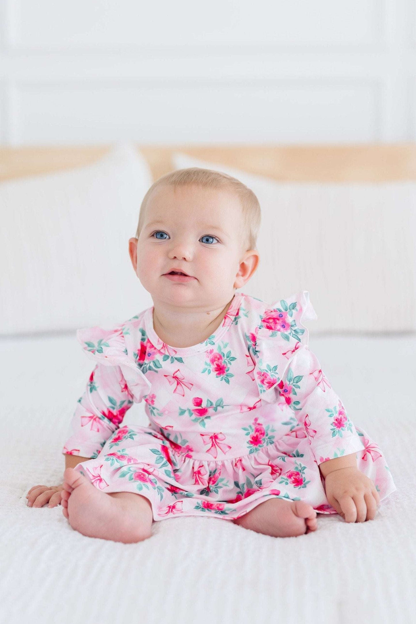 Gingham Bows 3/4 Sleeve Flutter Twirl Bodysuit