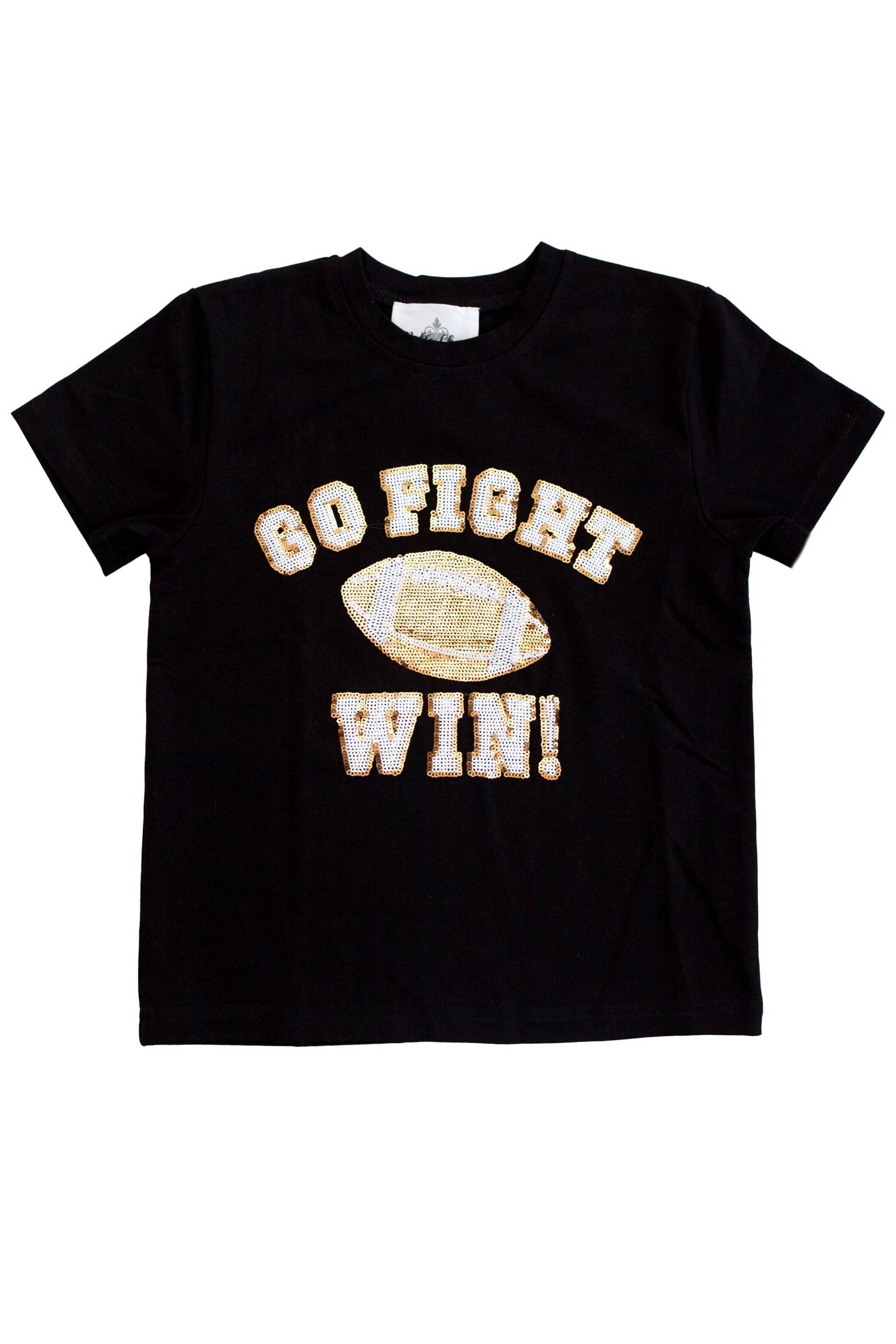Black kid's shirt with gold and white sequin "Go Fight Win" football design