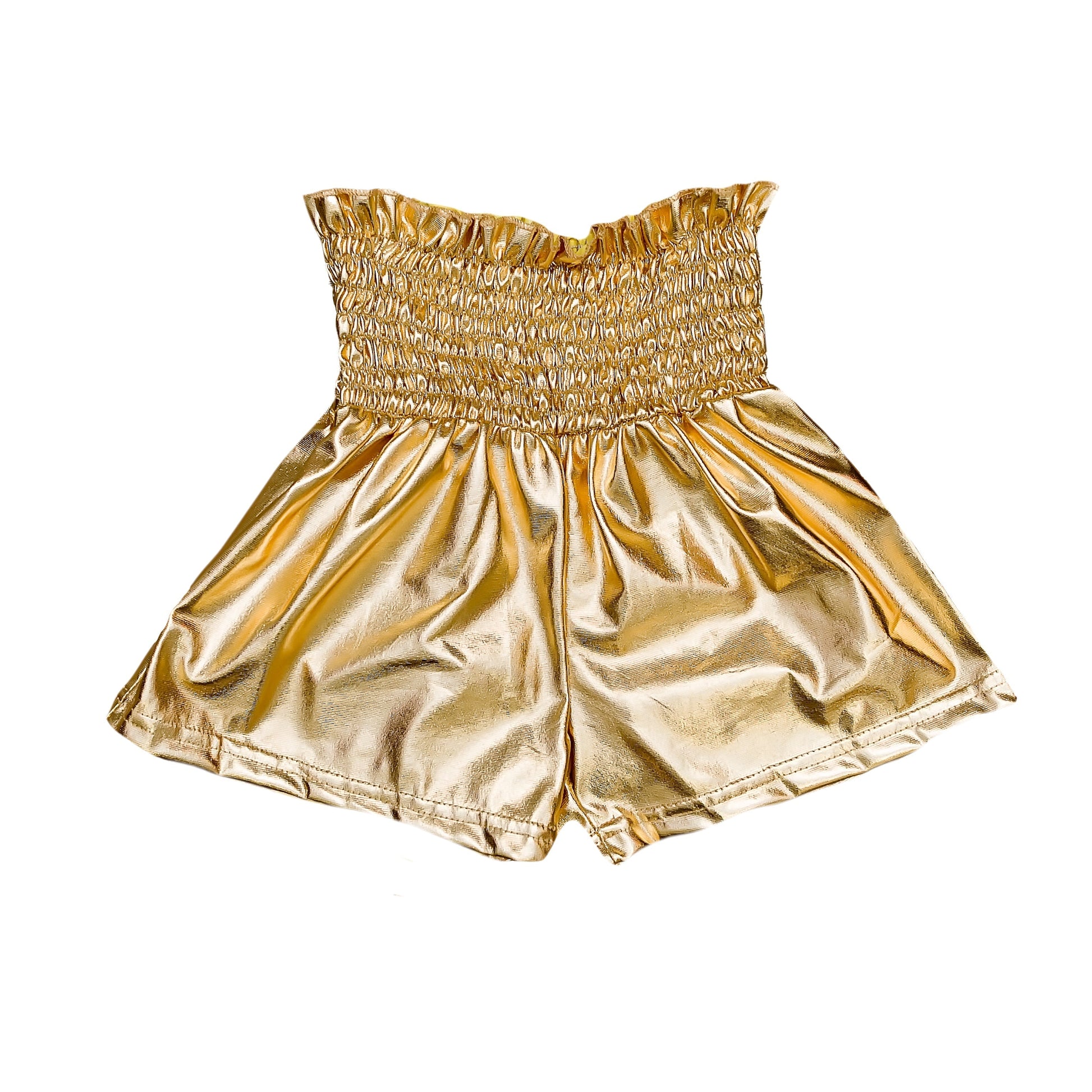 Gold metallic swing shorts with shiny finish and elastic waistband