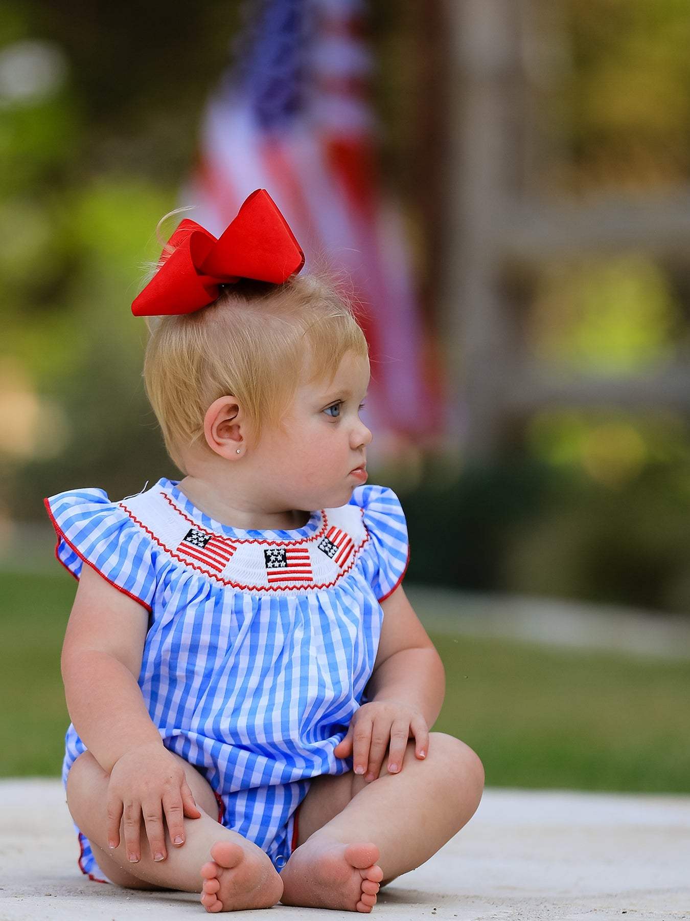 4th of july Flag Embroidery Smocking Girls Romper, detail view