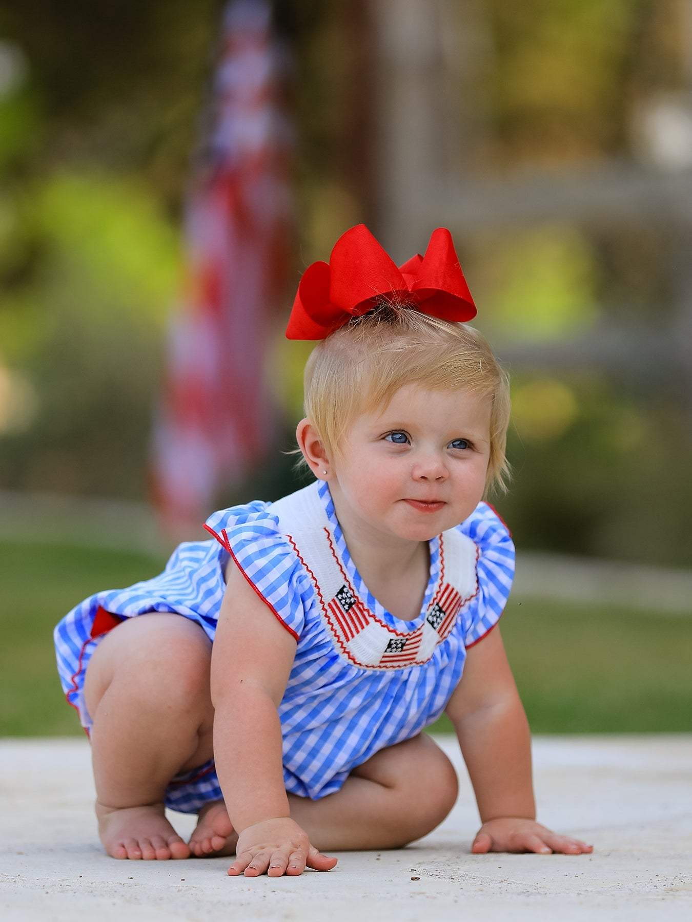 4th of july Flag Embroidery Smocking Girls Romper, front view