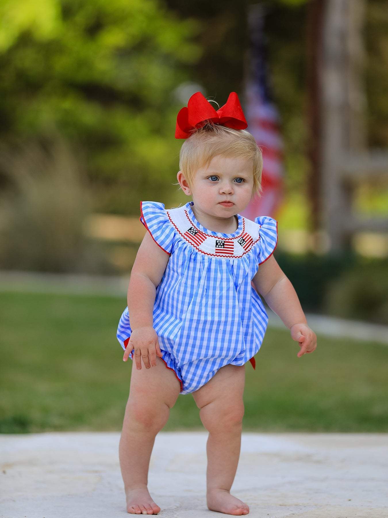 4th of july Flag Embroidery Smocking Girls Romper, back view