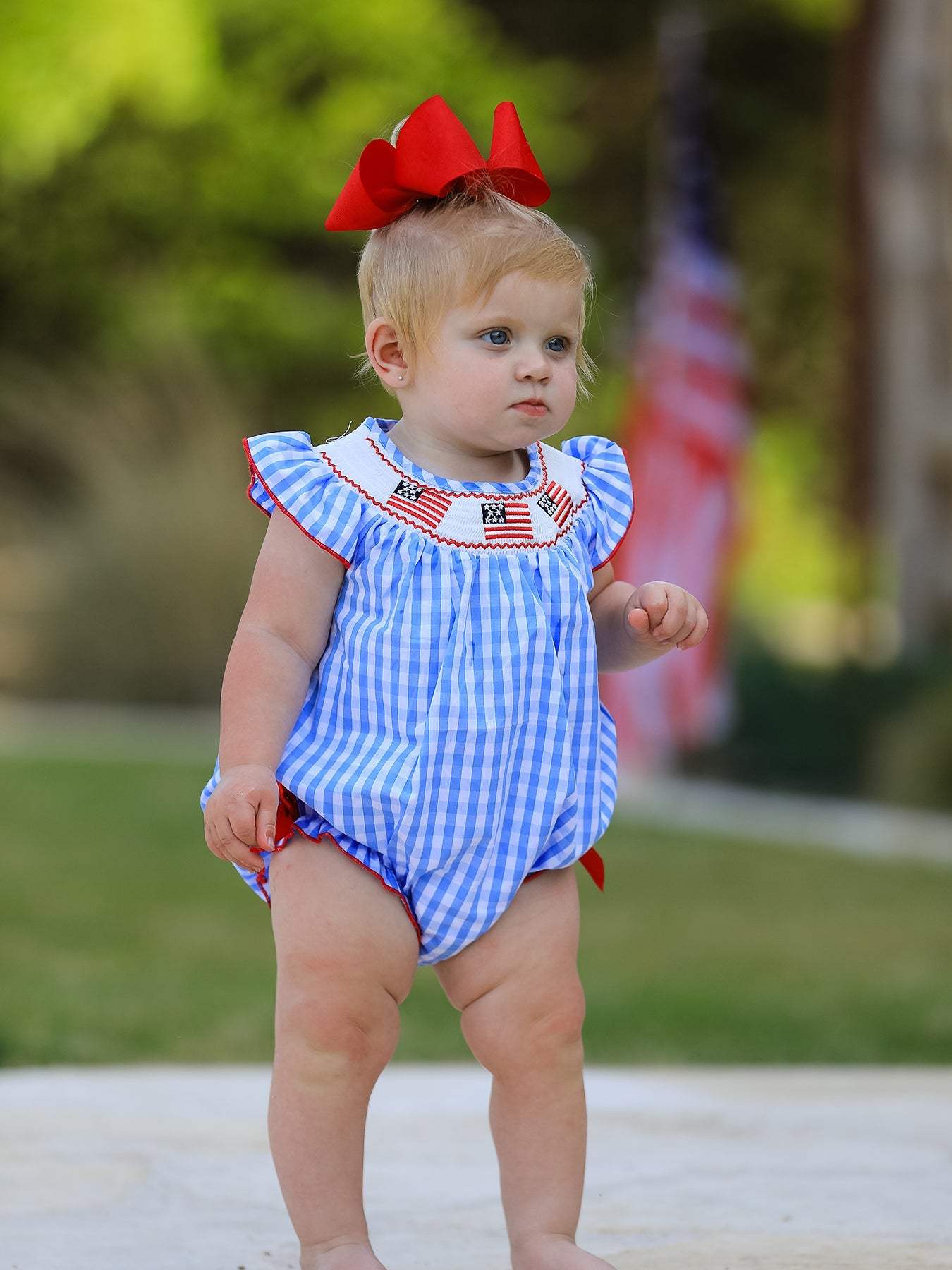 4th of july Flag Embroidery Smocking Girls Romper, side view