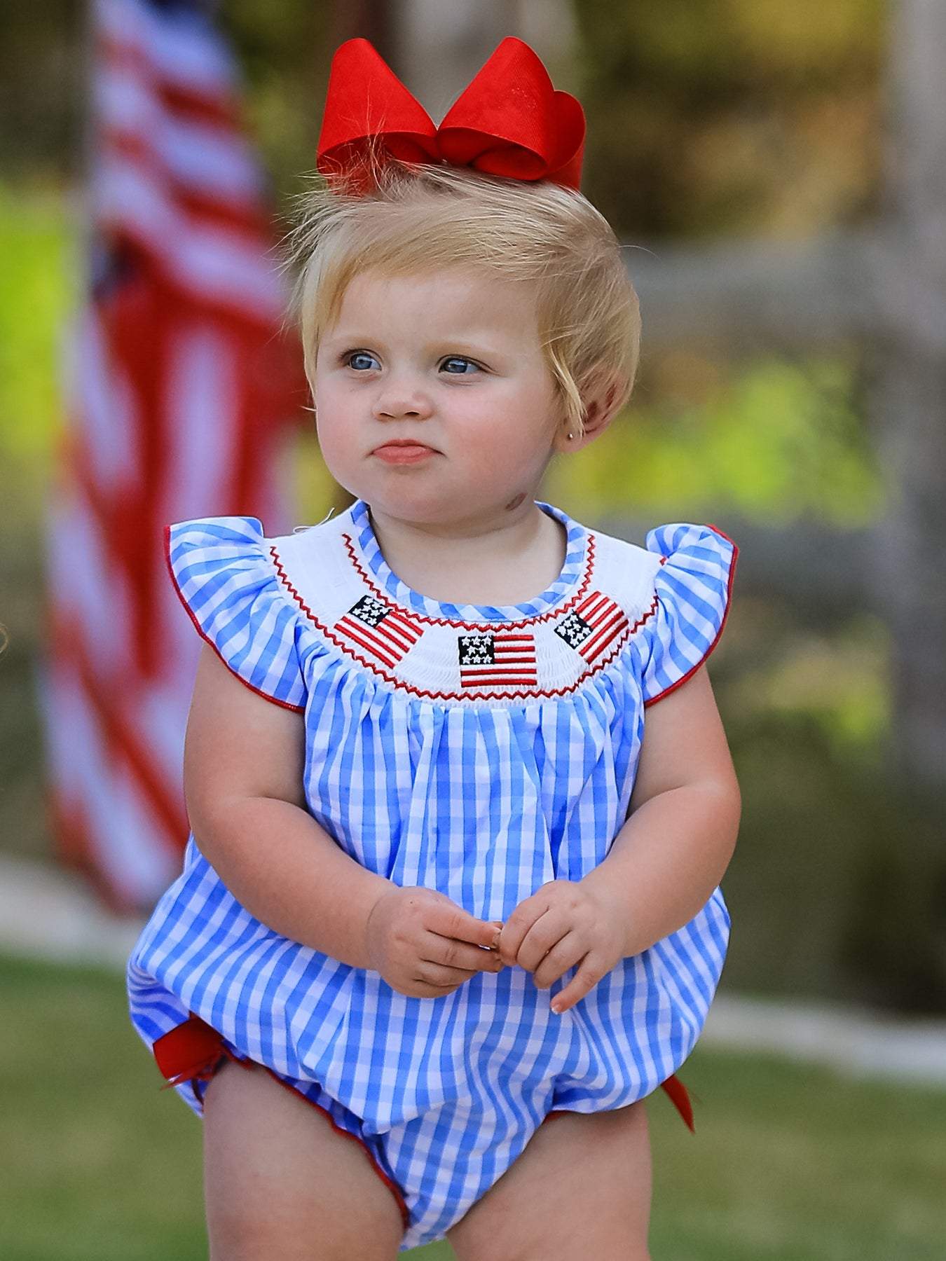 4th of july Flag Embroidery Smocking Girls Romper, fabric and material close-up