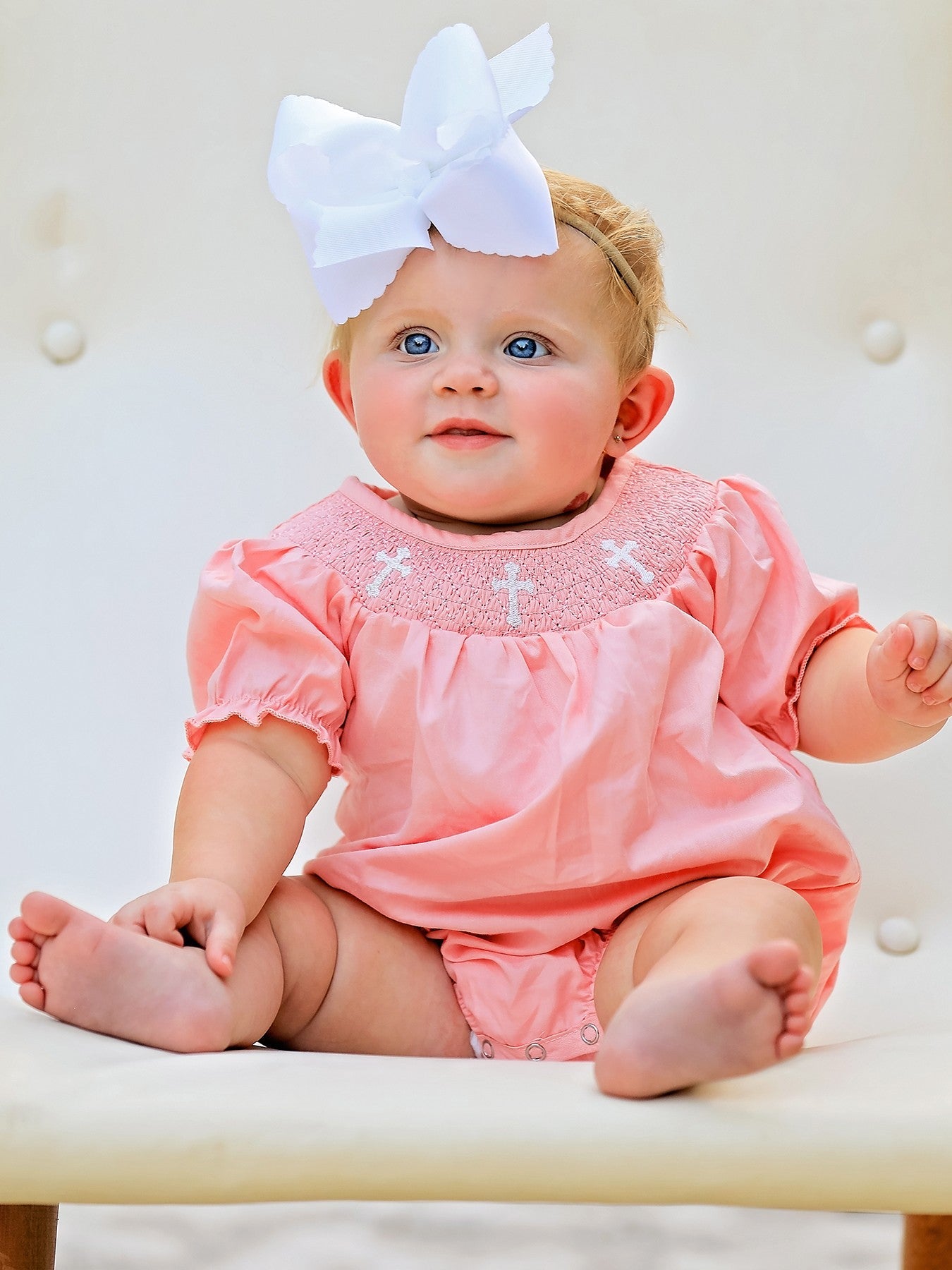 CORAL Smocked Church Christ Bishop Christening Girls Romper