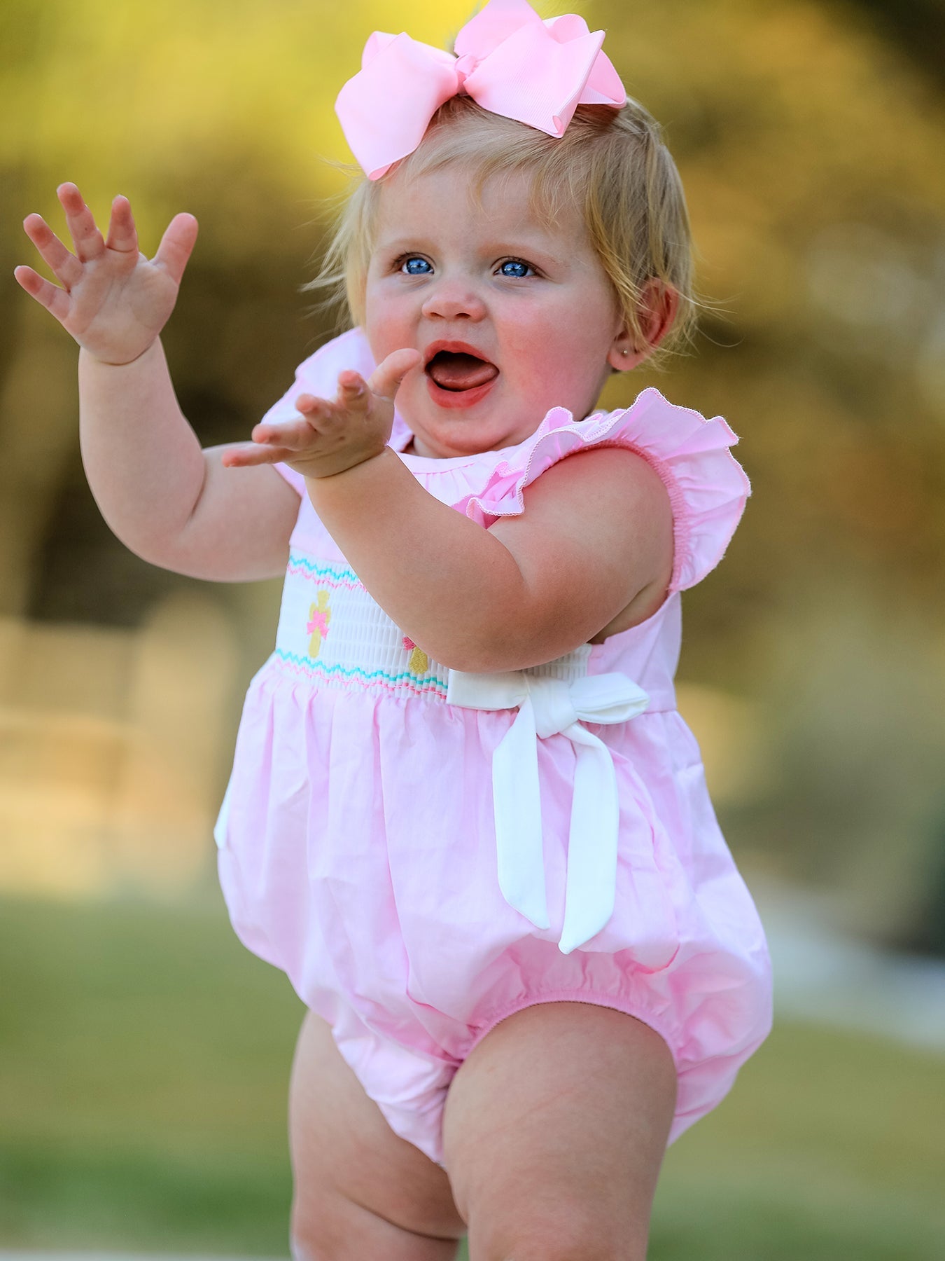 Pink Smocked Church Christ Bishop Christening Romper