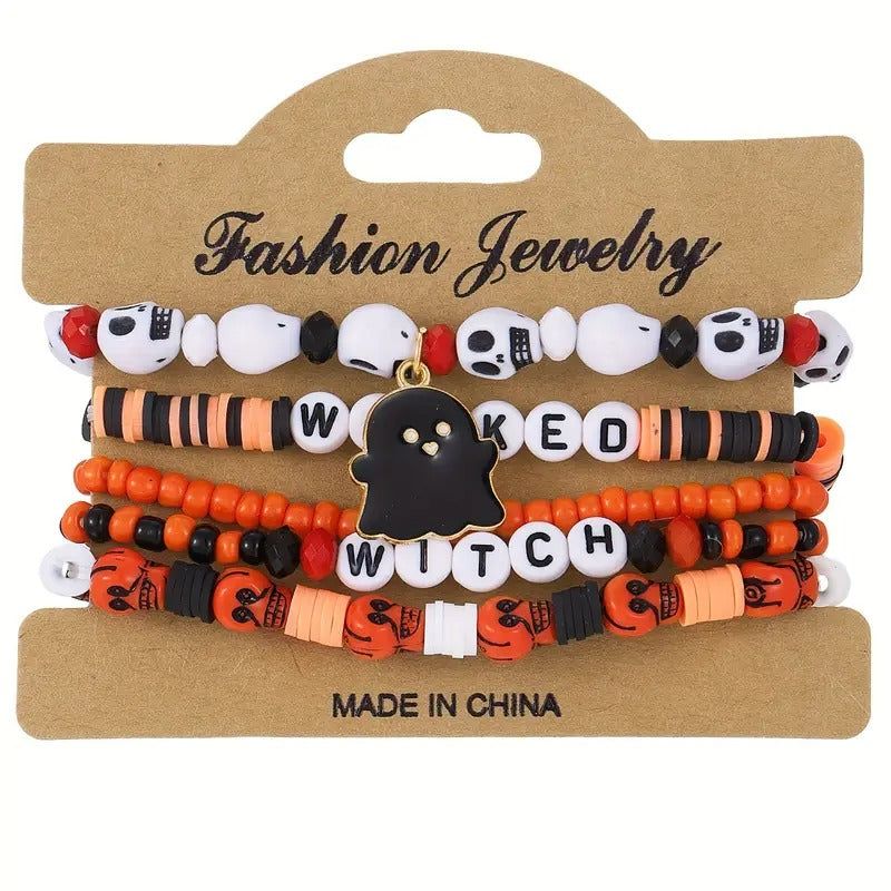Set Halloween beaded stretch bracelet with ghost charm and colorful polymer clay beads on display card