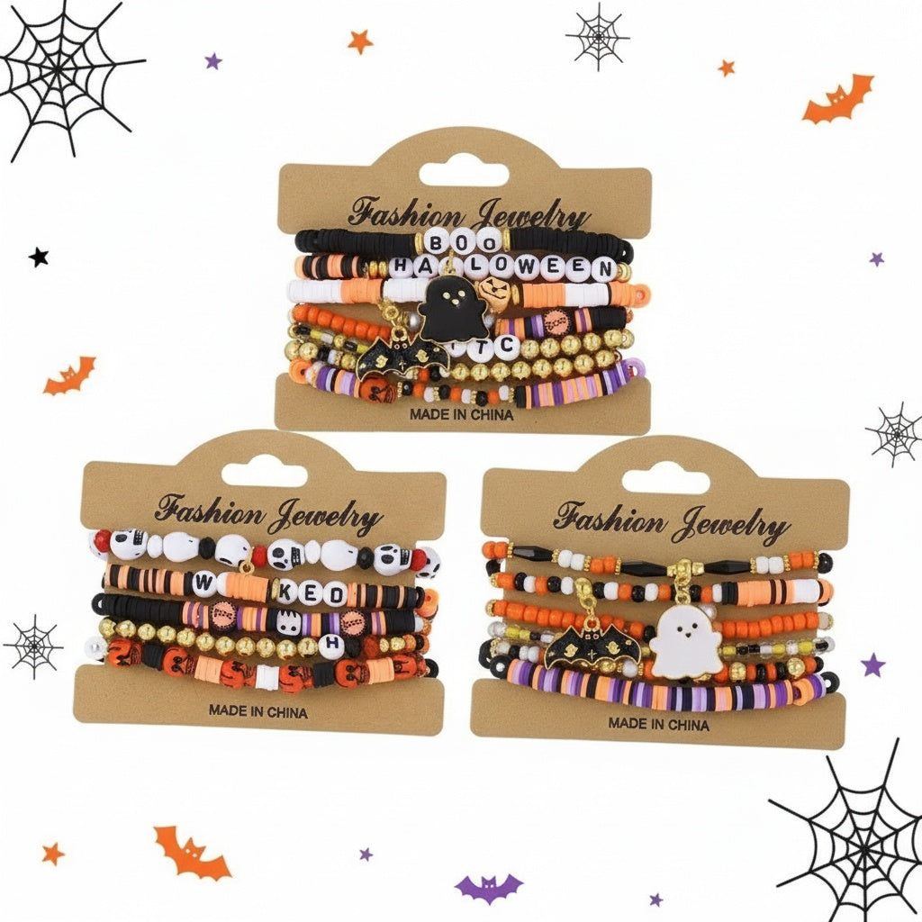 Halloween beaded stretch bracelet set with polymer clay beads and ghost bat charms for festive party accessories