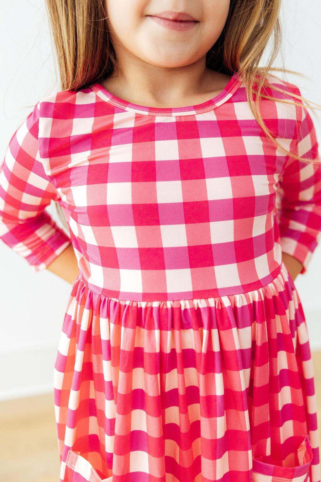 Hot Pink Gingham 3/4 Sleeve Pocket Twirl Dress