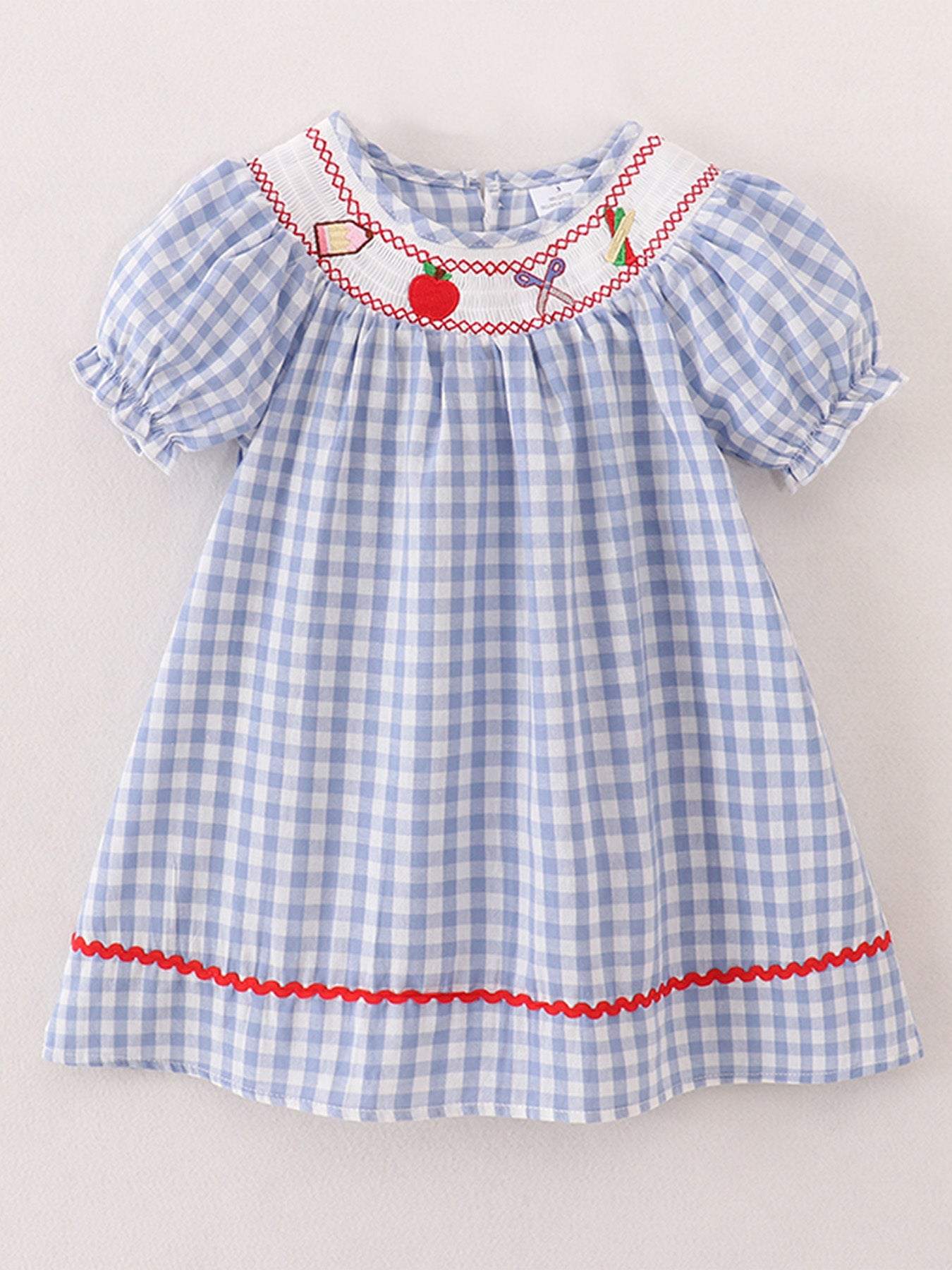 Girls Back to School Smocking Pencil Apple Embroidered Plaid Dress, front view