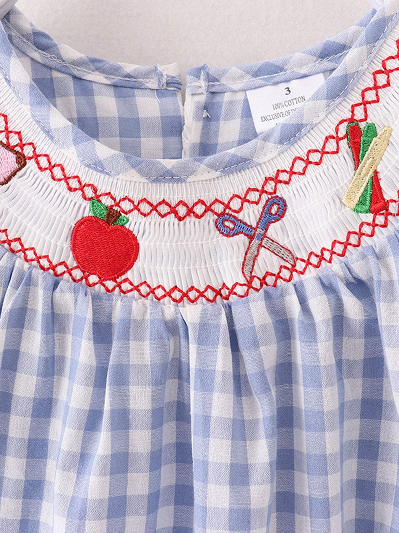Girls Back to School Smocking Pencil Apple Embroidered Plaid Dress, back view