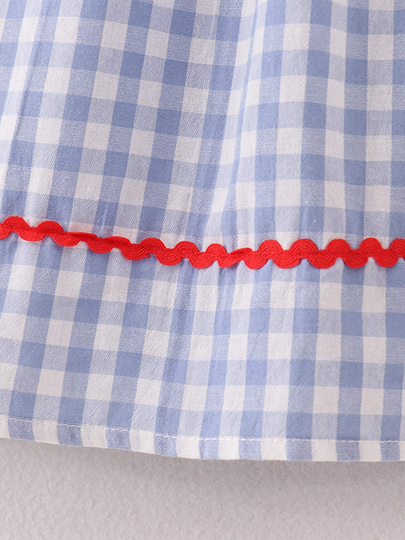 Girls Back to School Smocking Pencil Apple Embroidered Plaid Dress, fabric and material close-up