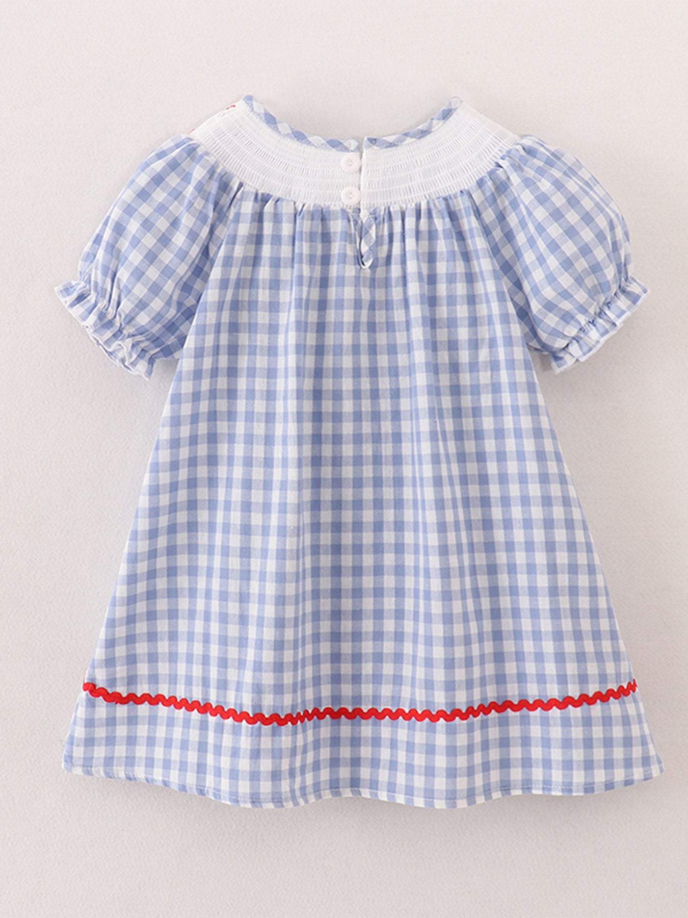 Girls Back to School Smocking Pencil Apple Embroidered Plaid Dress, detail view