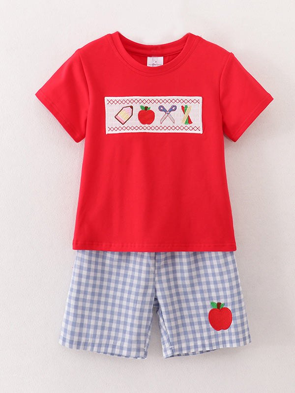 Boys Back to School Pencil Apple Applique Plaid Shorts Set outfit, full length view