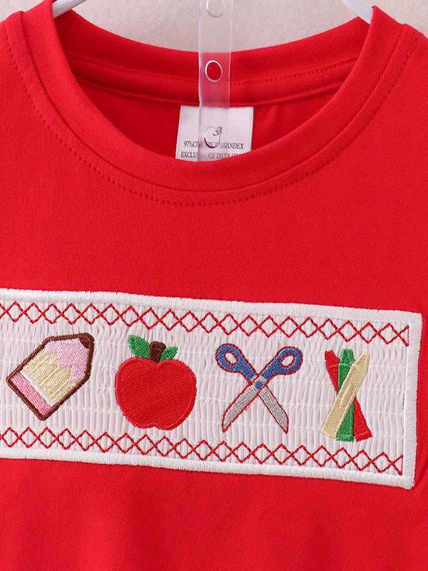 Boys Back to School Pencil Apple Applique Plaid Shorts Set outfit, print and pattern detail
