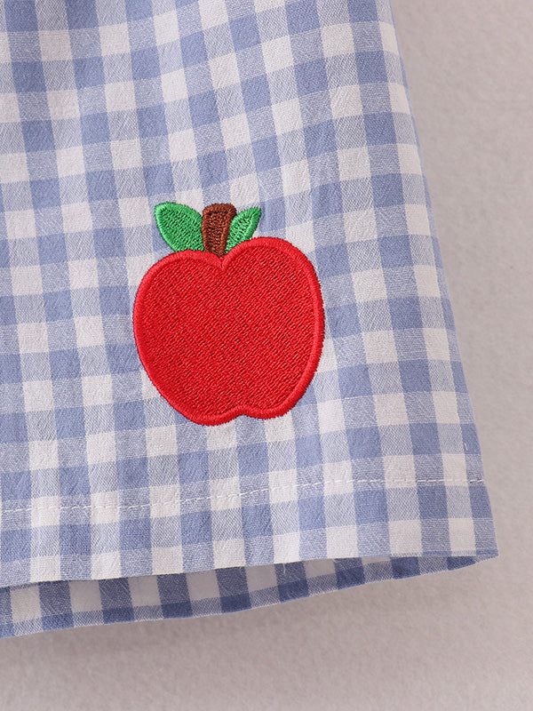 Boys Back to School Pencil Apple Applique Plaid Shorts Set outfit, close-up detail