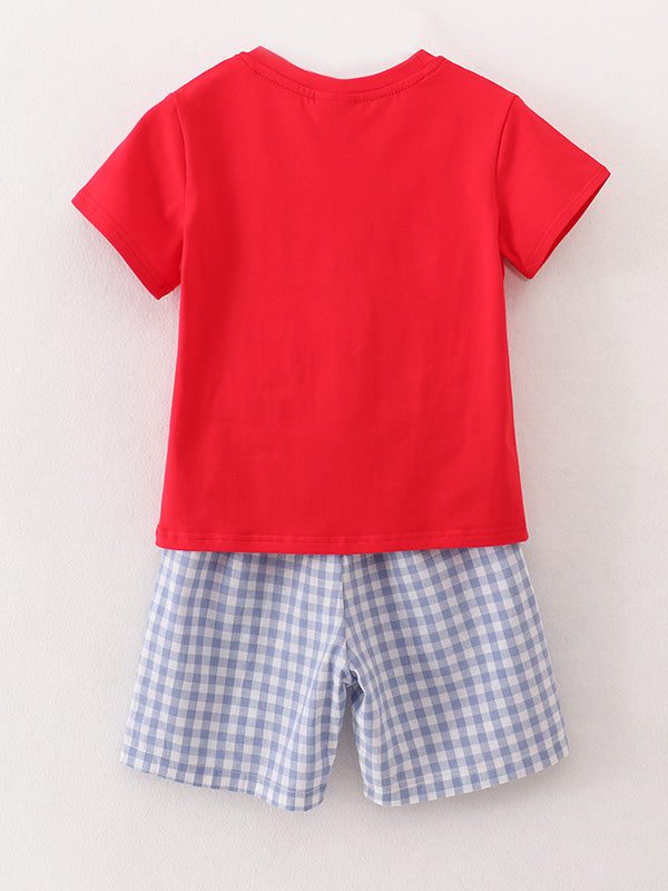 Boys Back to School Pencil Apple Applique Plaid Shorts Set outfit, detail view