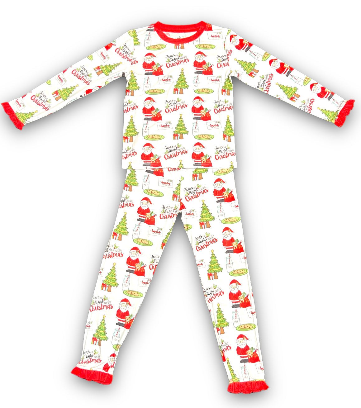 Twas the Night ruffle pajamas in soft stretchy bamboo viscose with Christmas-themed print and red trim