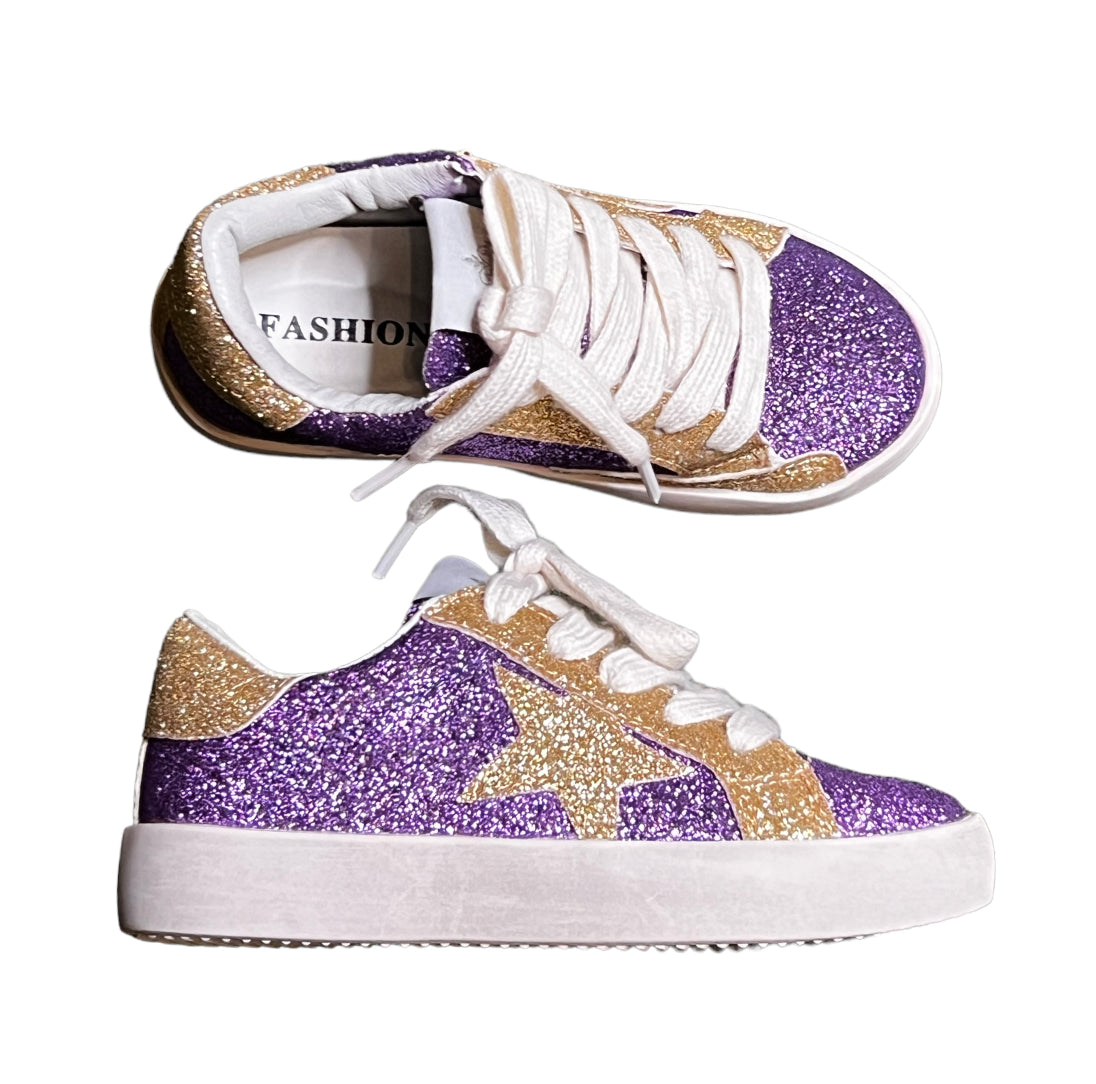Purple and gold glitter kid sneakers with white laces and comfortable design