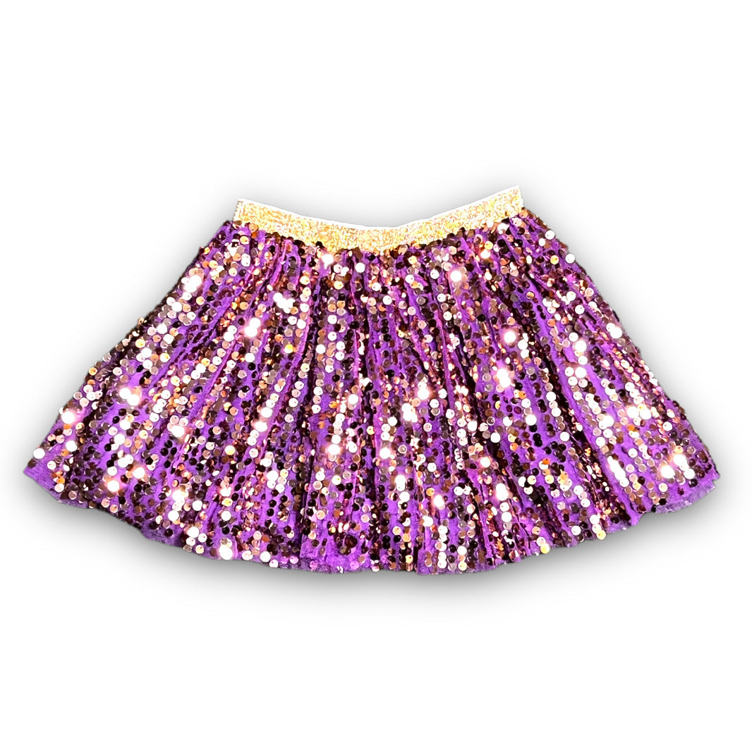 Purple and gold sequin adult tutu with elastic waistband sparkling and vibrant