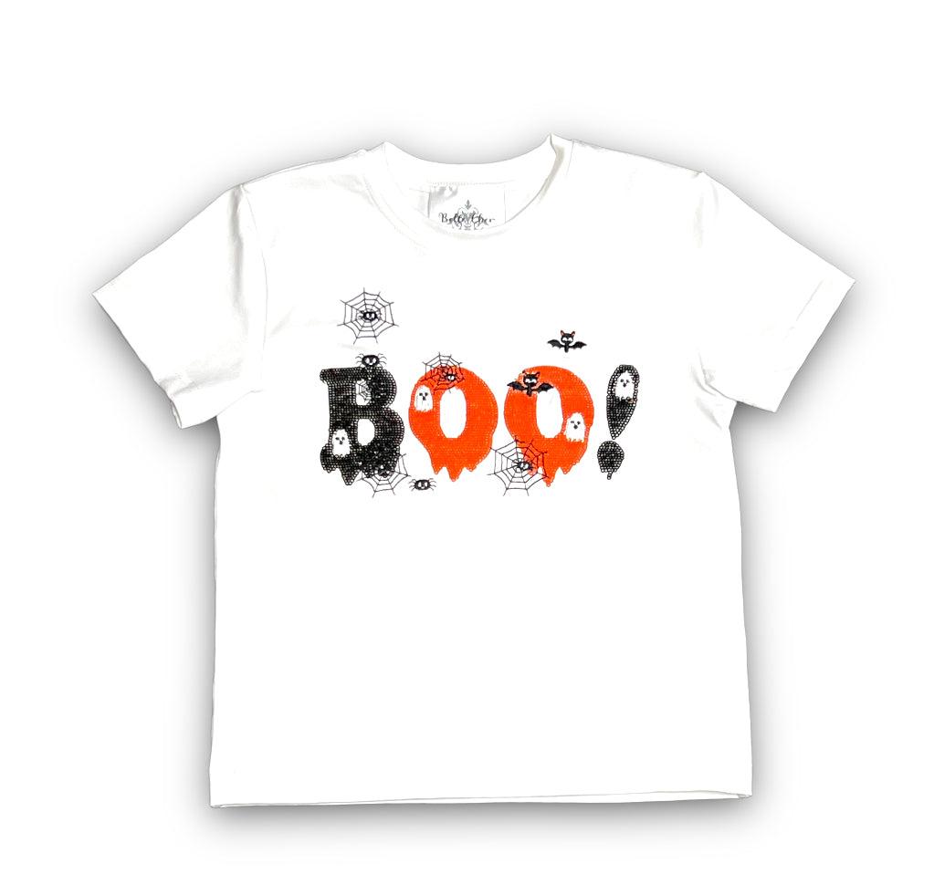 Kids white Halloween shirt with Boo and Spider Sequin design and spider webs