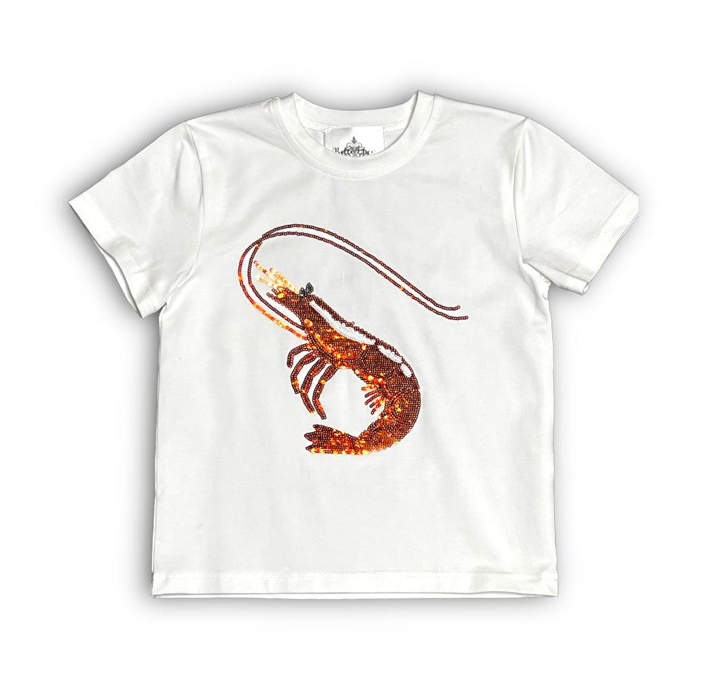 White kid shirt with large orange sequin shrimp design sequin shrimp kid shirt