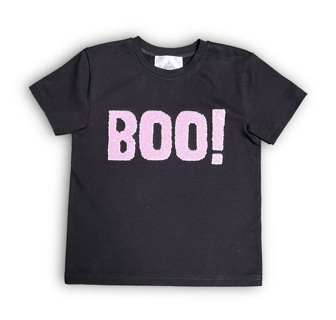 Boo Pink and White Flip Sequin Kid Shirt with pink sequins spelling BOO on black tee